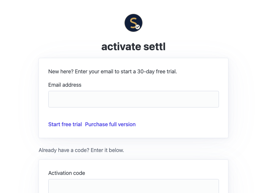 settl activation screen, with an email field to start a free trial and a field to enter an activation code
