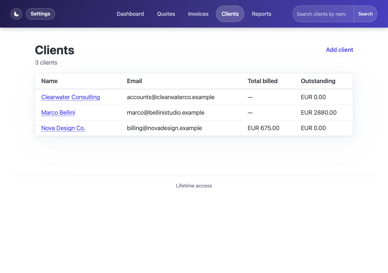 Clients list showing three clients with total billed and outstanding columns