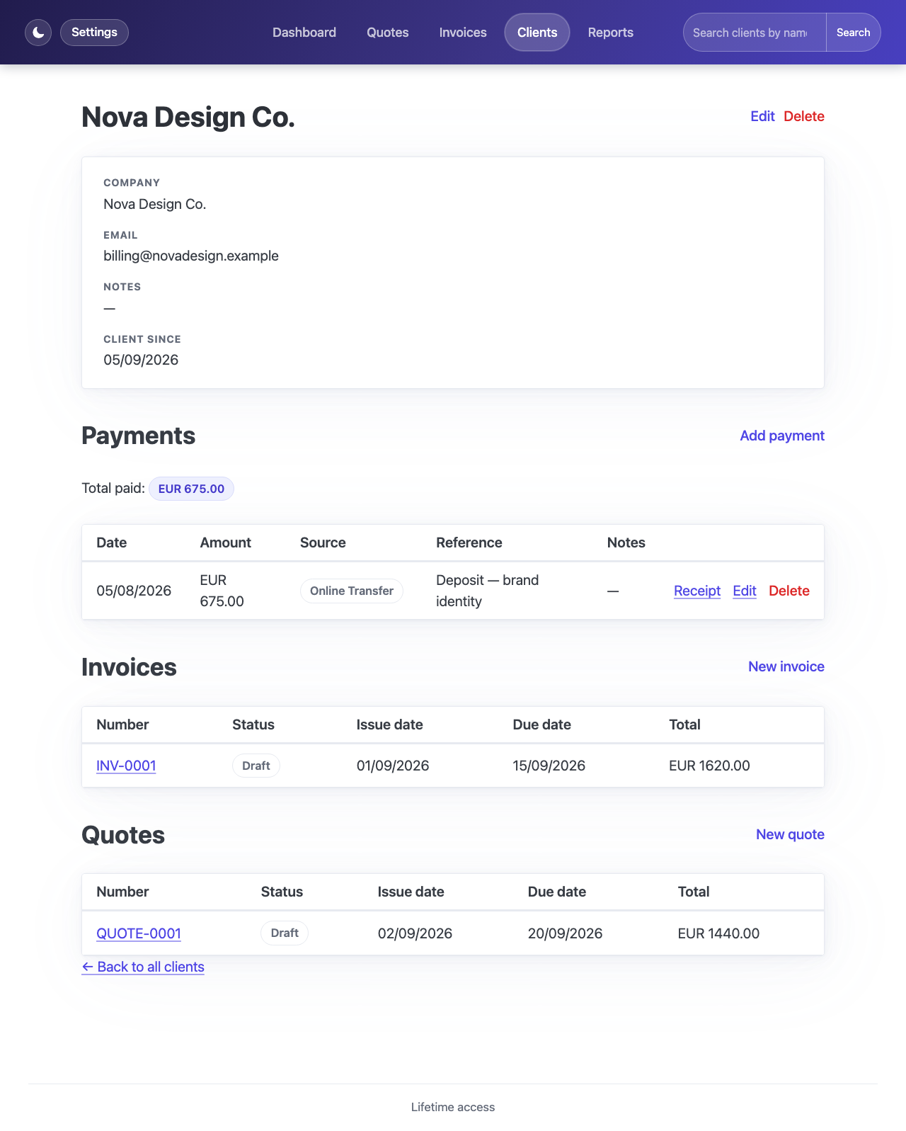 A single client's detail page showing their invoices, quotes, and payment history