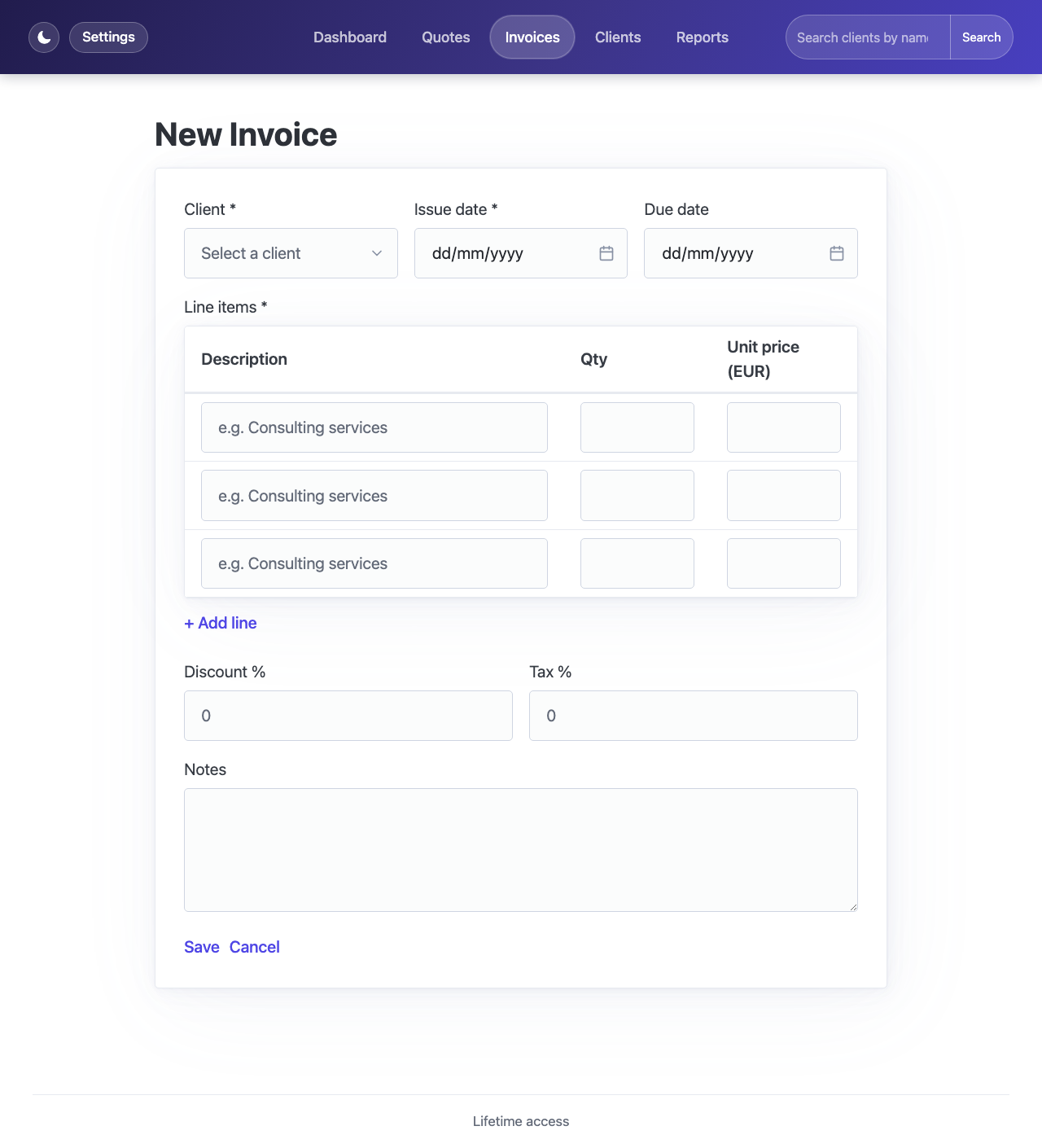 New invoice form with client selector, dates, and line items table