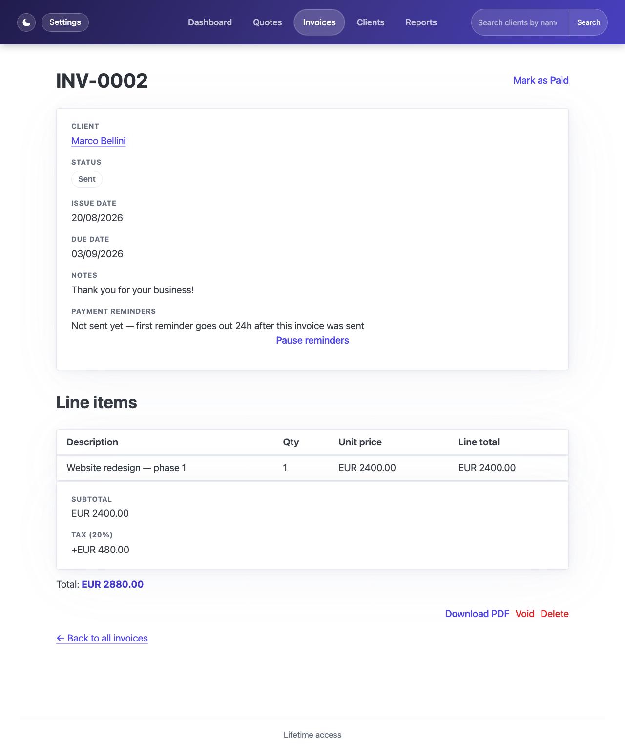A sent invoice's detail page showing its status, line items, total, and payment reminder status