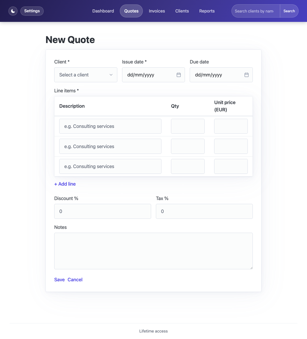 New quote form with client selector, dates, and line items table