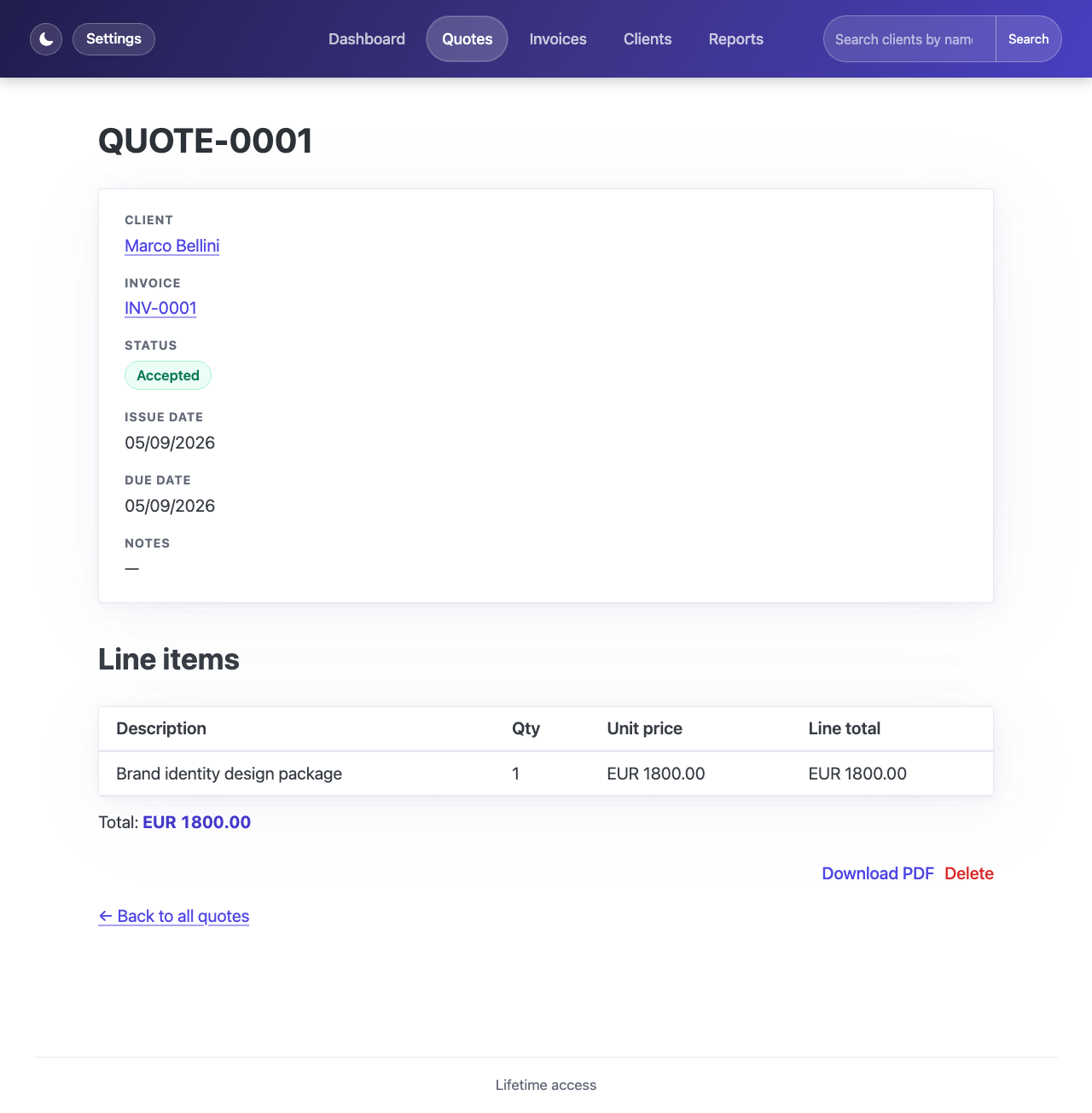 An accepted quote's detail page, showing a link to the invoice it automatically created