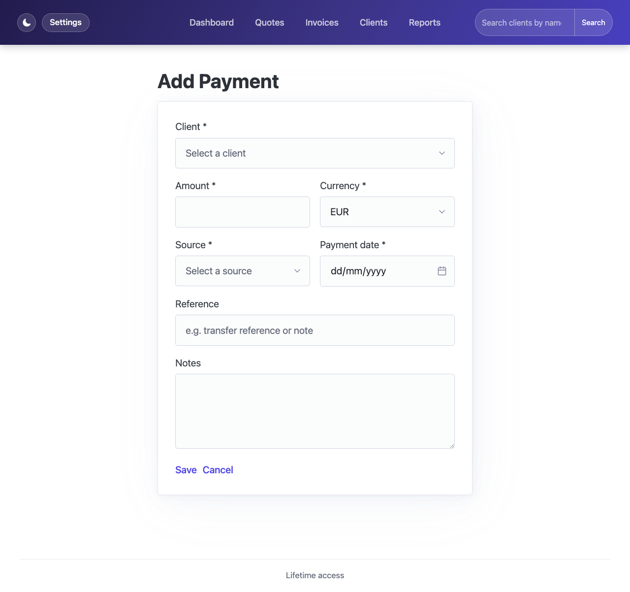 Add payment form with client, amount, currency, source, and date fields