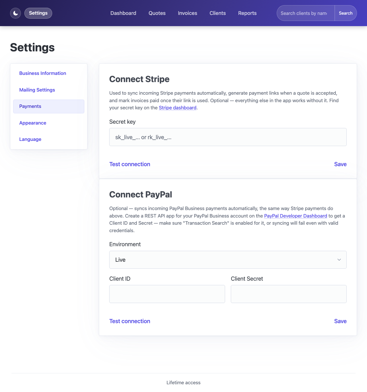 Settings page with Connect Stripe and Connect PayPal sections