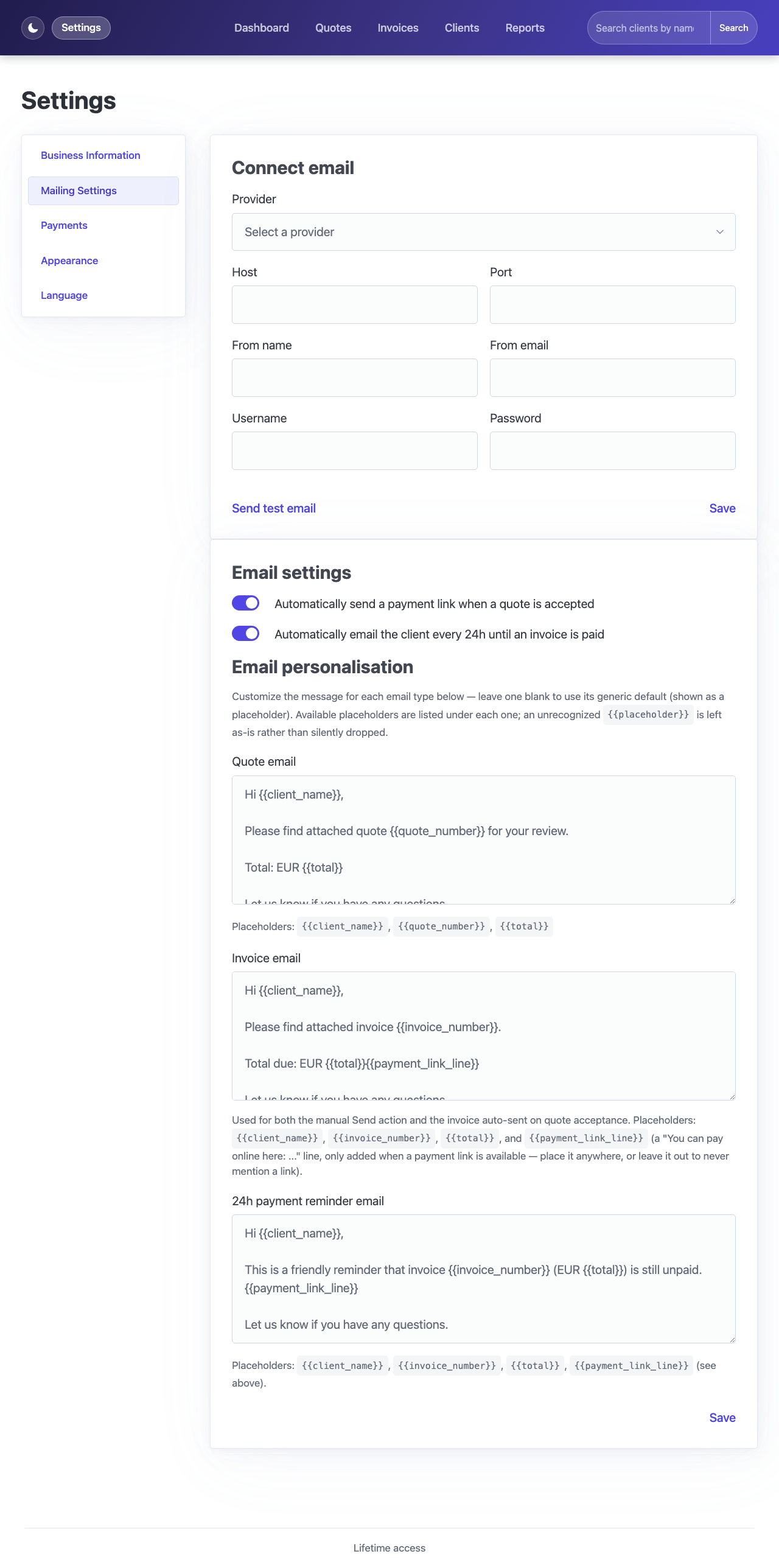 Settings page with SMTP connection fields