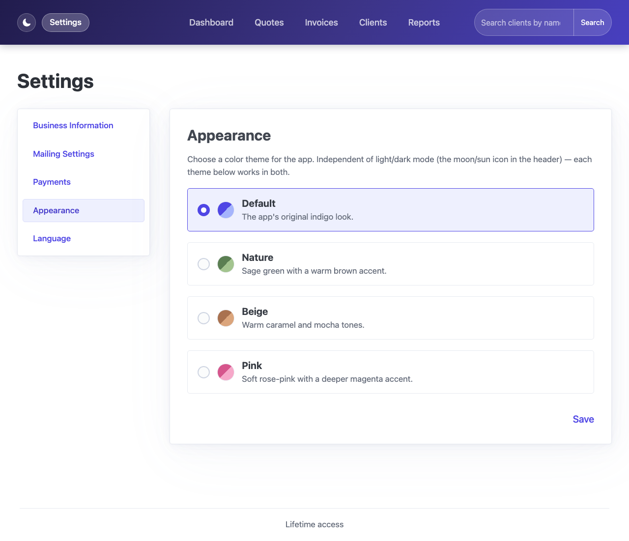 Appearance settings with color theme options