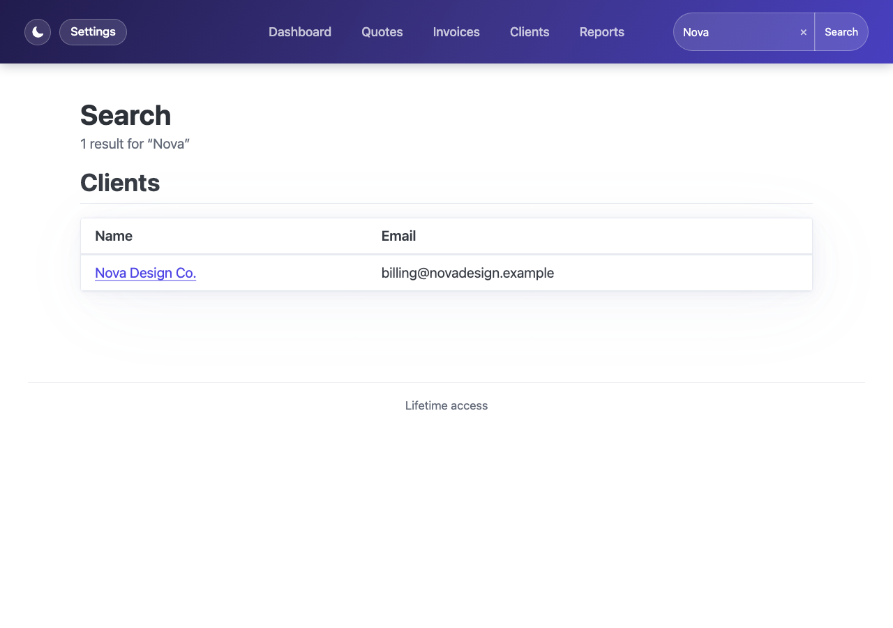 Search results page showing matches across clients, invoices, and quotes