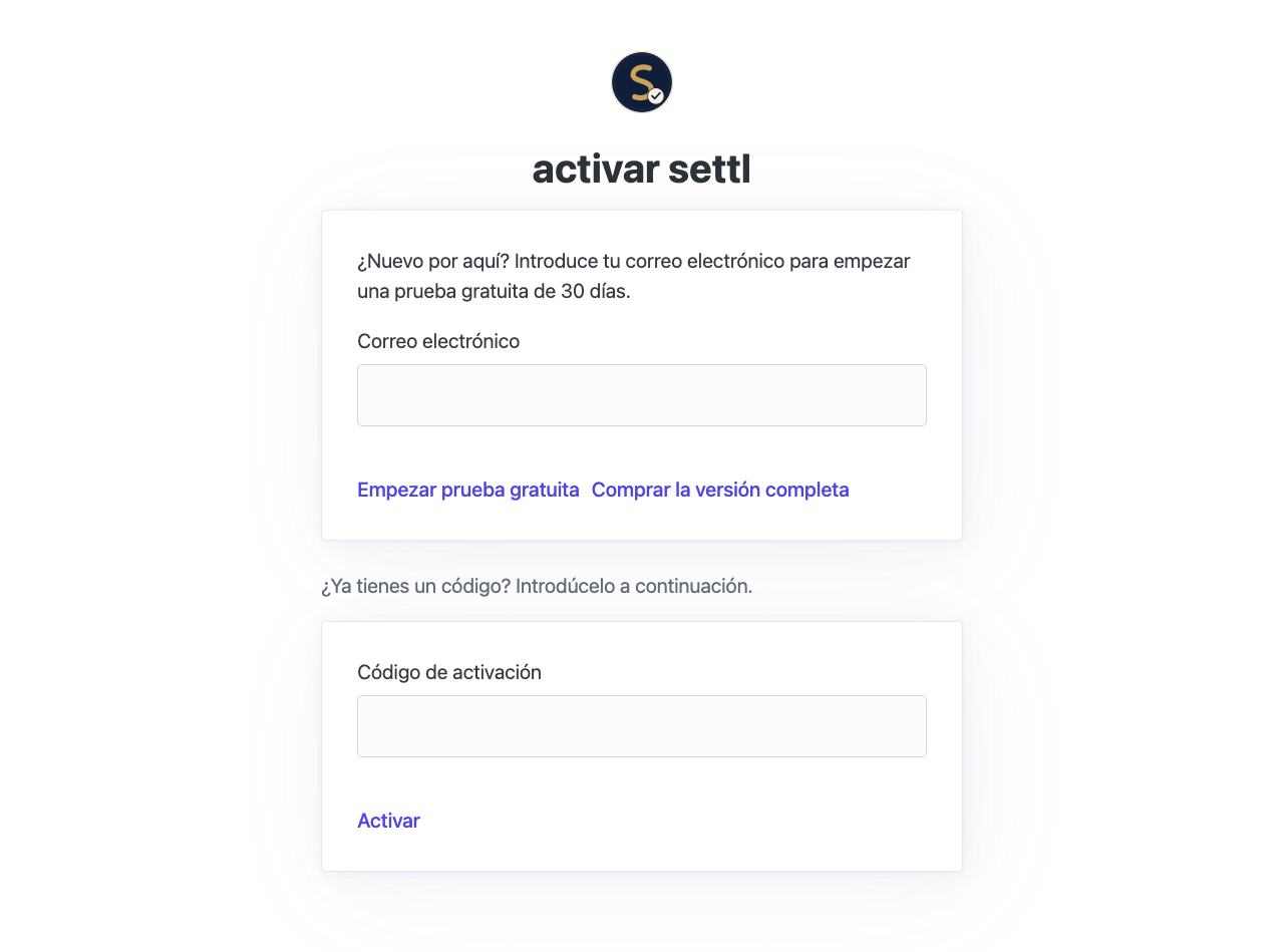 Pantalla de activación de settl, con un campo de correo para iniciar una prueba gratuita y un campo para introducir un código de activación