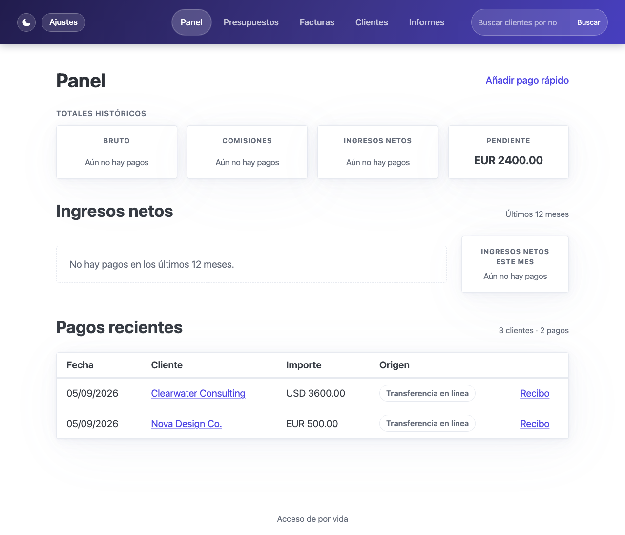 Panel con los totales de bruto/comisiones/ingresos netos/pendiente, un gráfico de ingresos y una tabla de pagos recientes