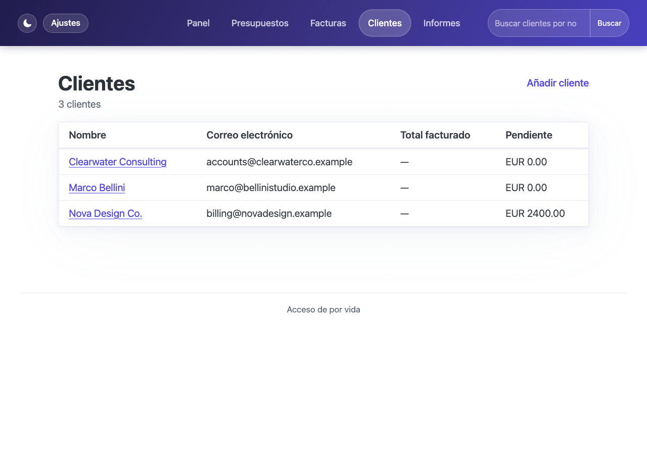 Lista de clientes mostrando tres clientes con las columnas total facturado y pendiente