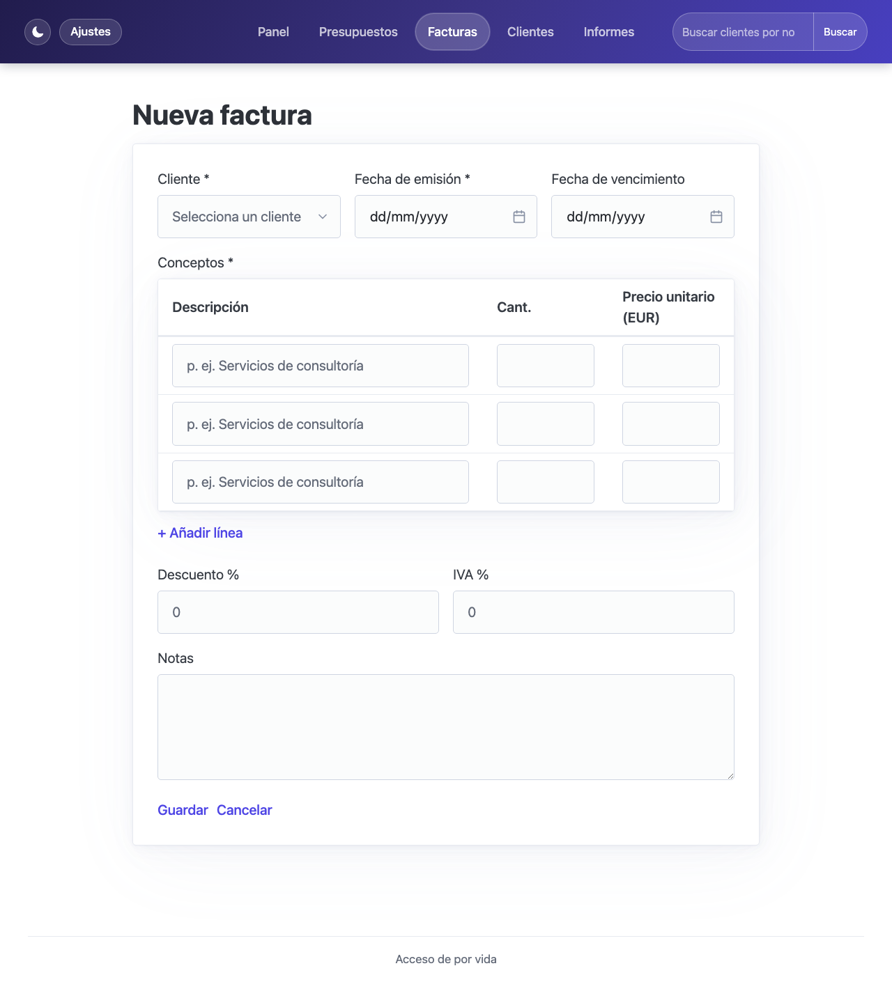 Formulario de nueva factura con selector de cliente, fechas y tabla de conceptos