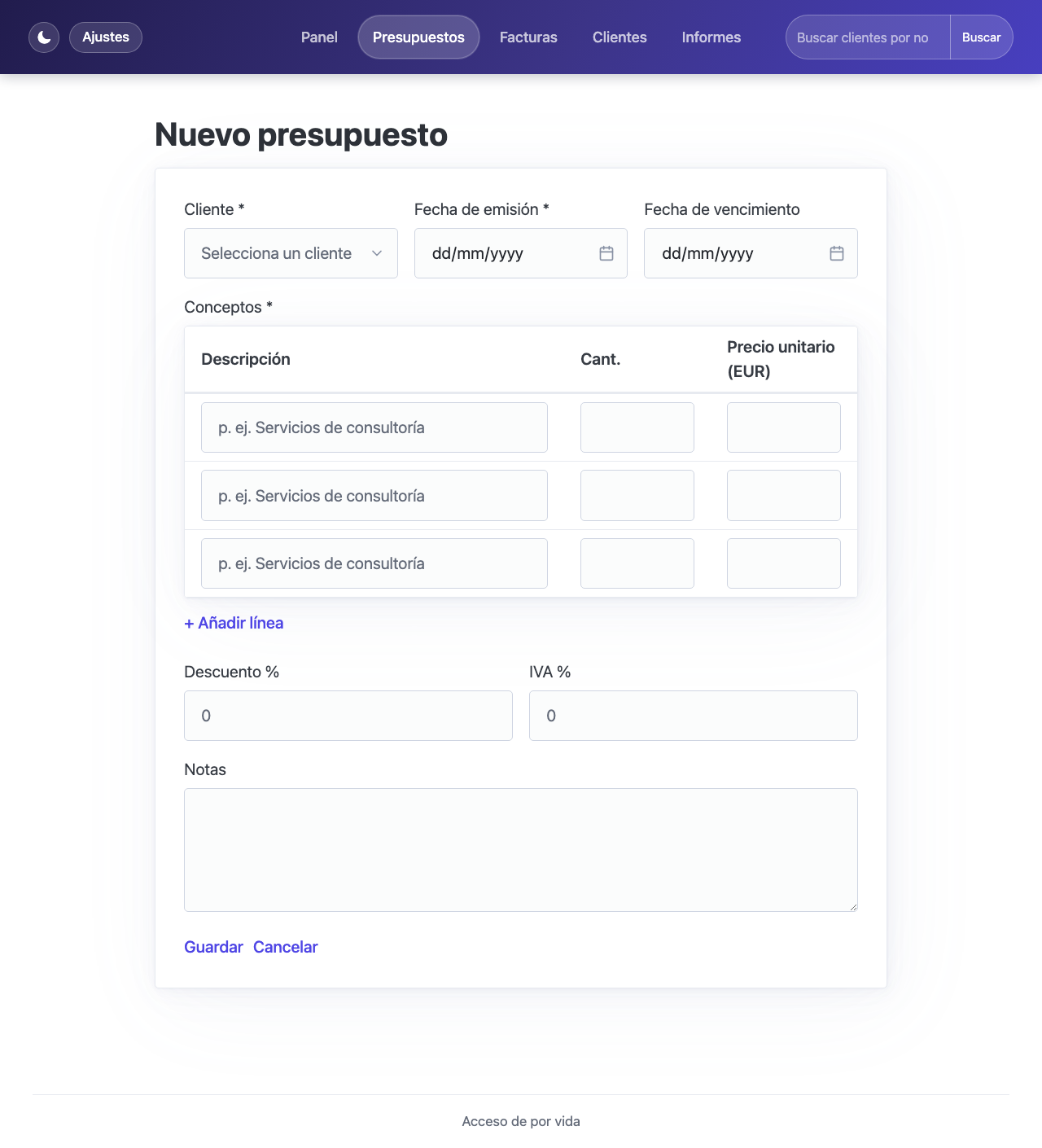 Formulario de nuevo presupuesto con selector de cliente, fechas y tabla de conceptos