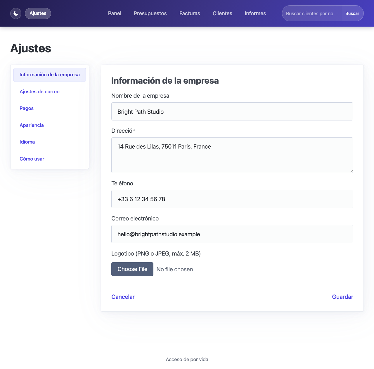 Página de ajustes con los campos de nombre de empresa, dirección, teléfono y correo rellenados