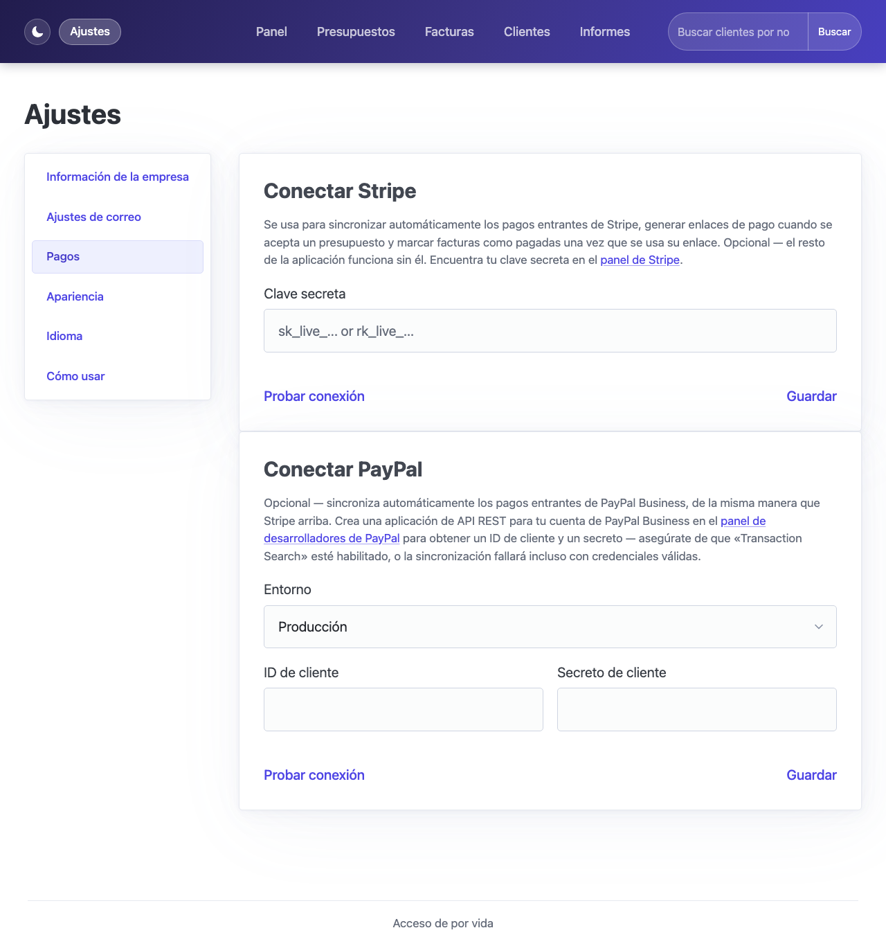 Página de ajustes con las secciones Conectar Stripe y Conectar PayPal
