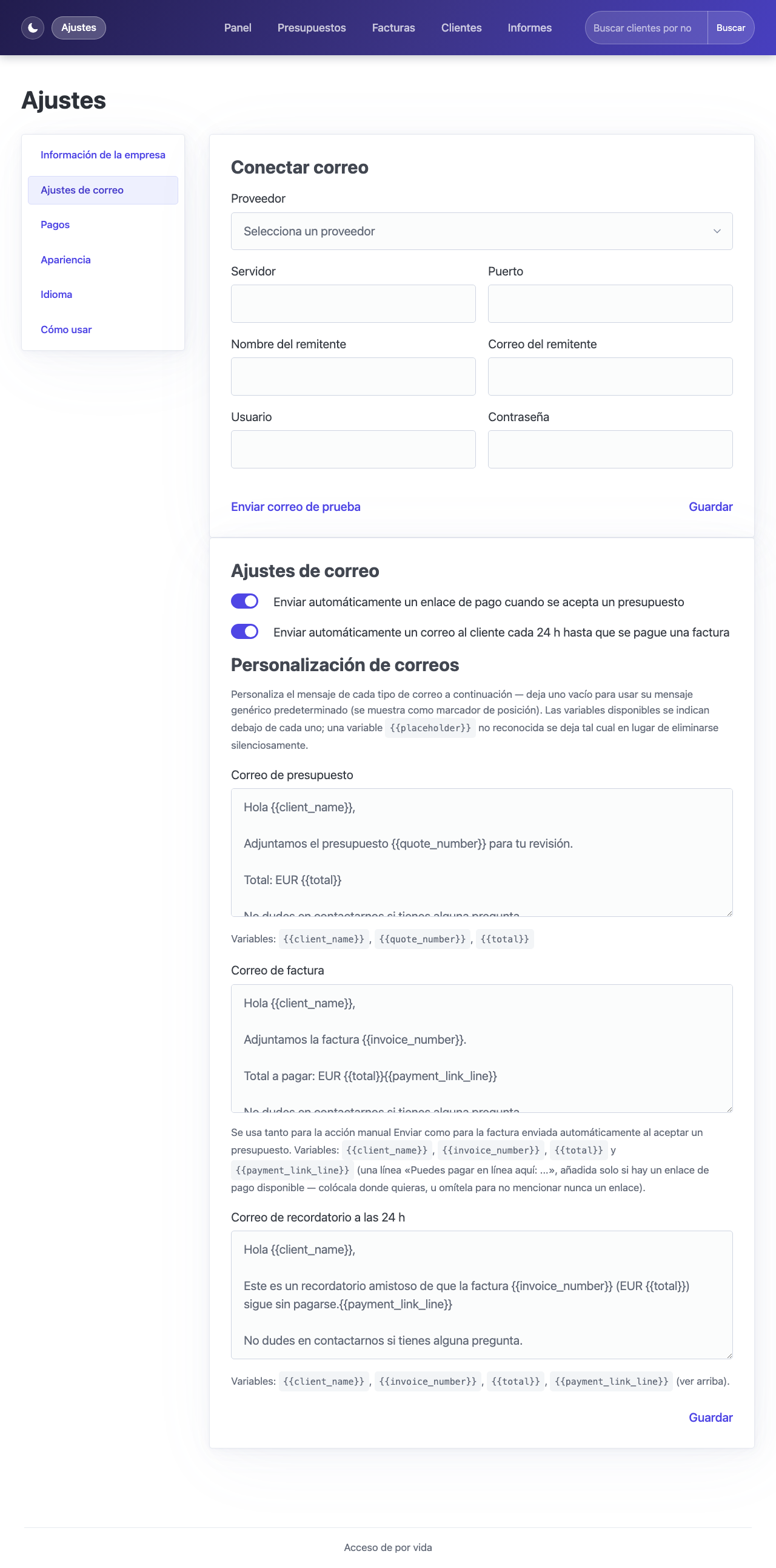 Página de ajustes con los campos de conexión SMTP