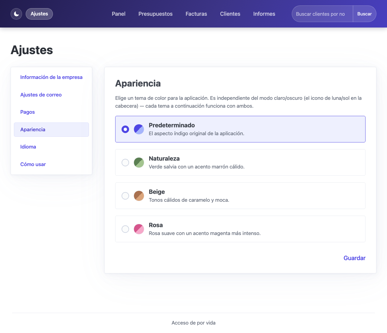 Ajustes de apariencia con las opciones de tema de color