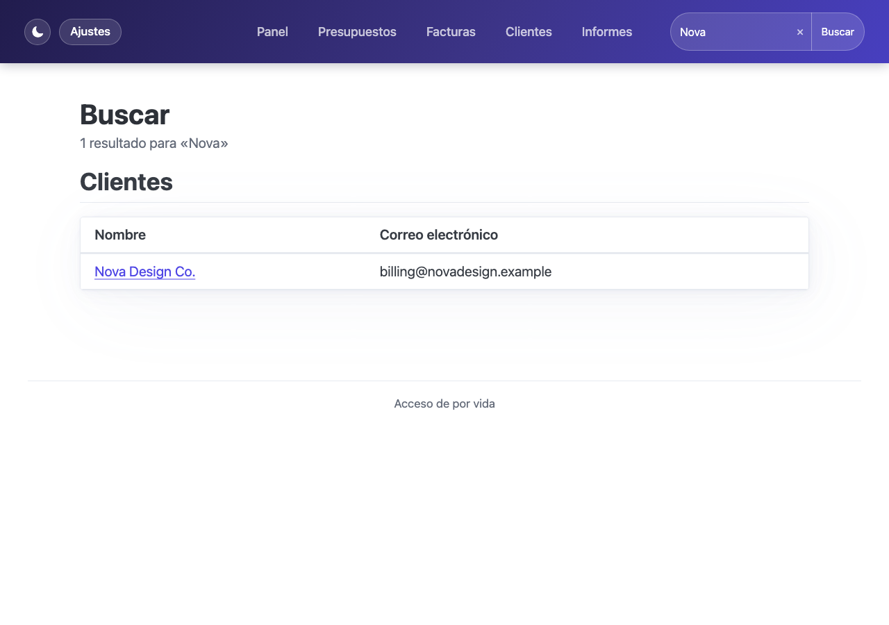 Página de resultados de búsqueda mostrando coincidencias entre clientes, facturas y presupuestos