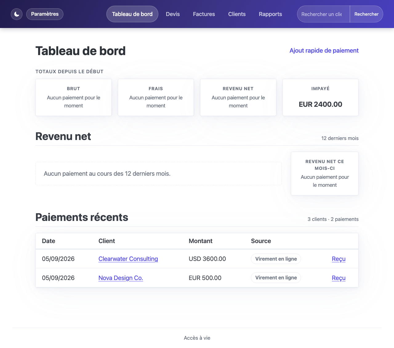Tableau de bord avec les totaux brut/frais/revenu net/impayé, un graphique de revenu et un tableau des paiements récents