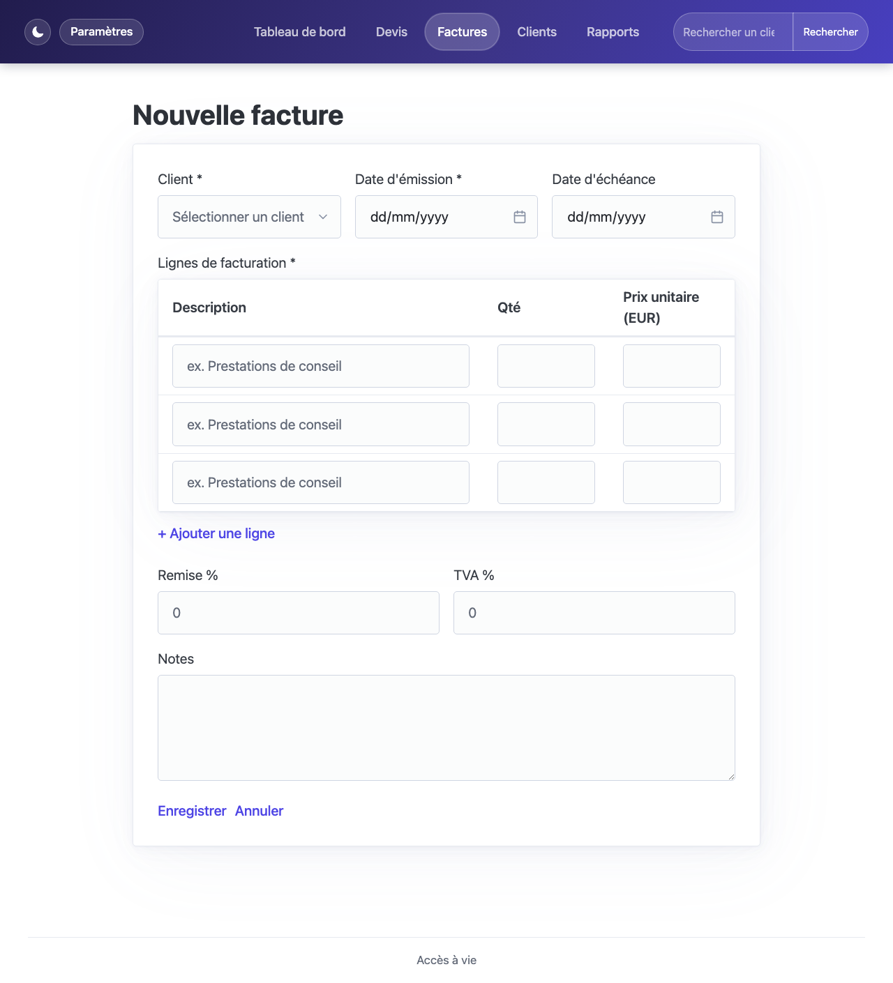 Formulaire de nouvelle facture avec sélecteur de client, dates et tableau de lignes
