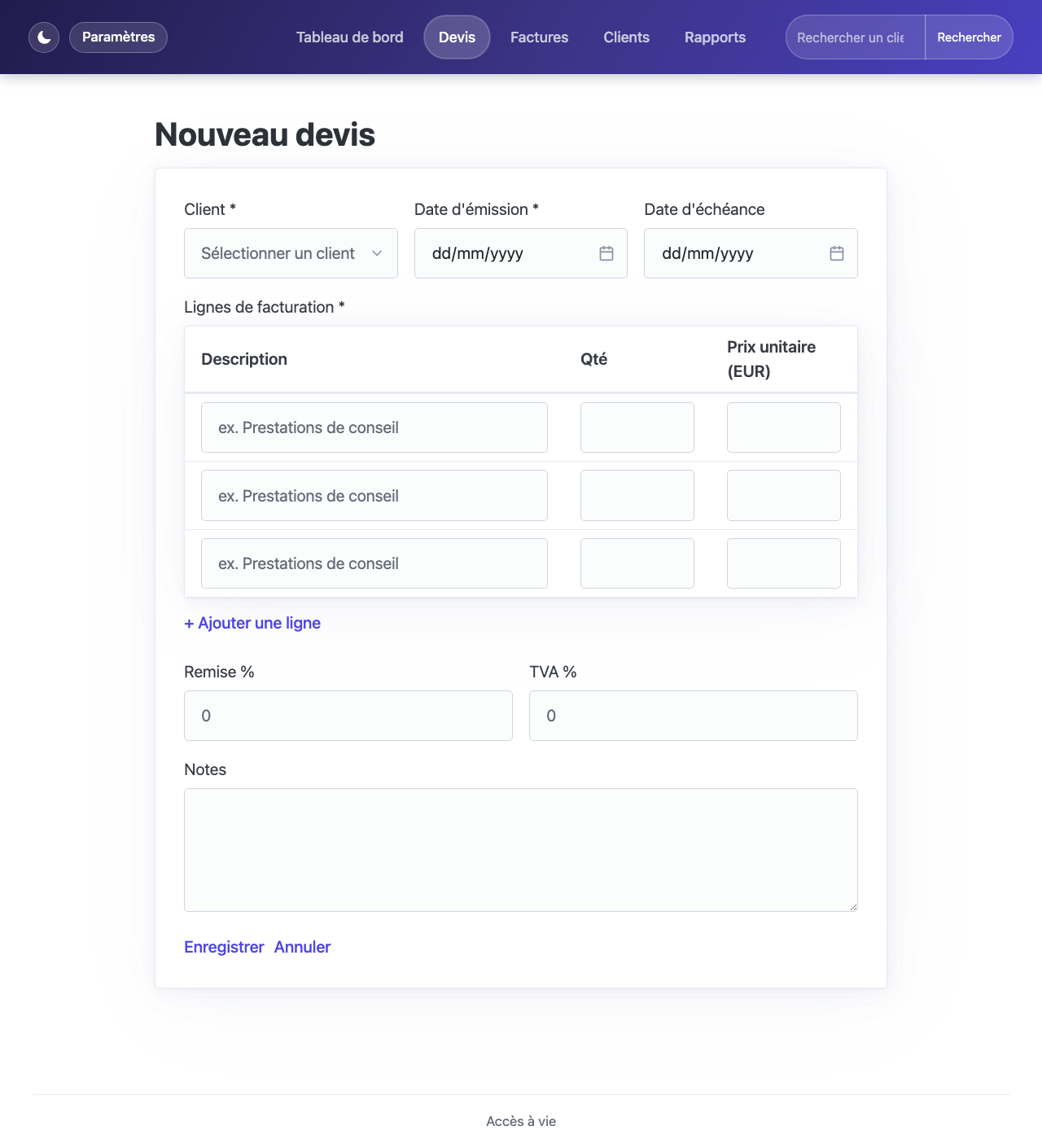 Formulaire de nouveau devis avec sélecteur de client, dates et tableau de lignes