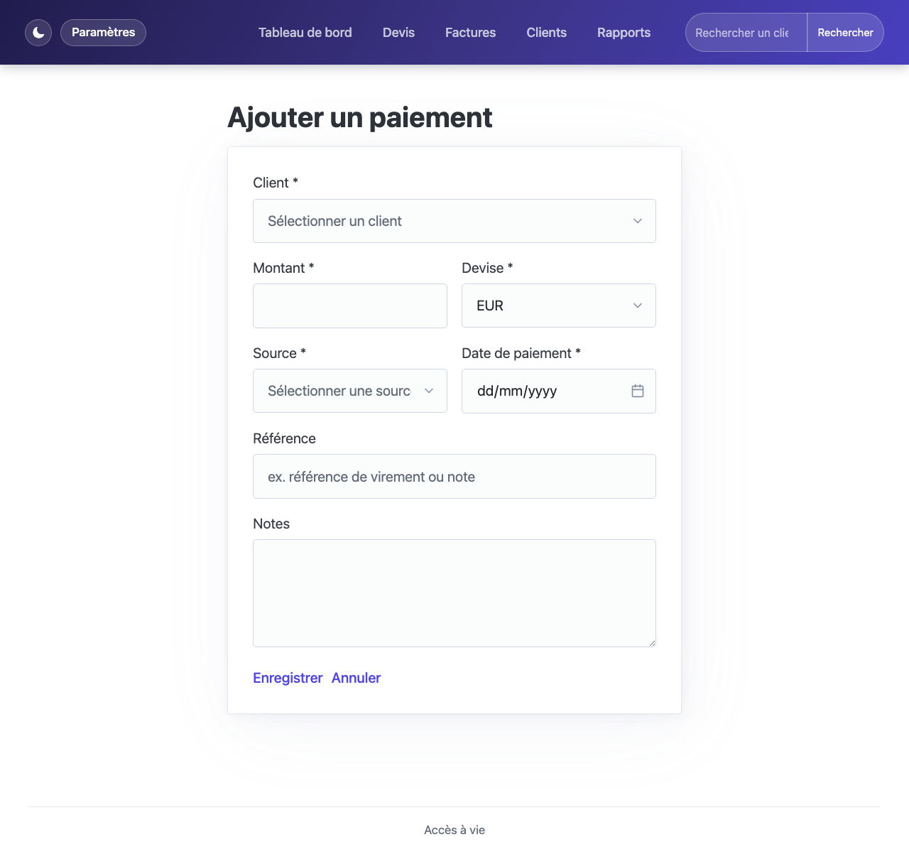 Formulaire d'ajout de paiement avec champs client, montant, devise, source et date
