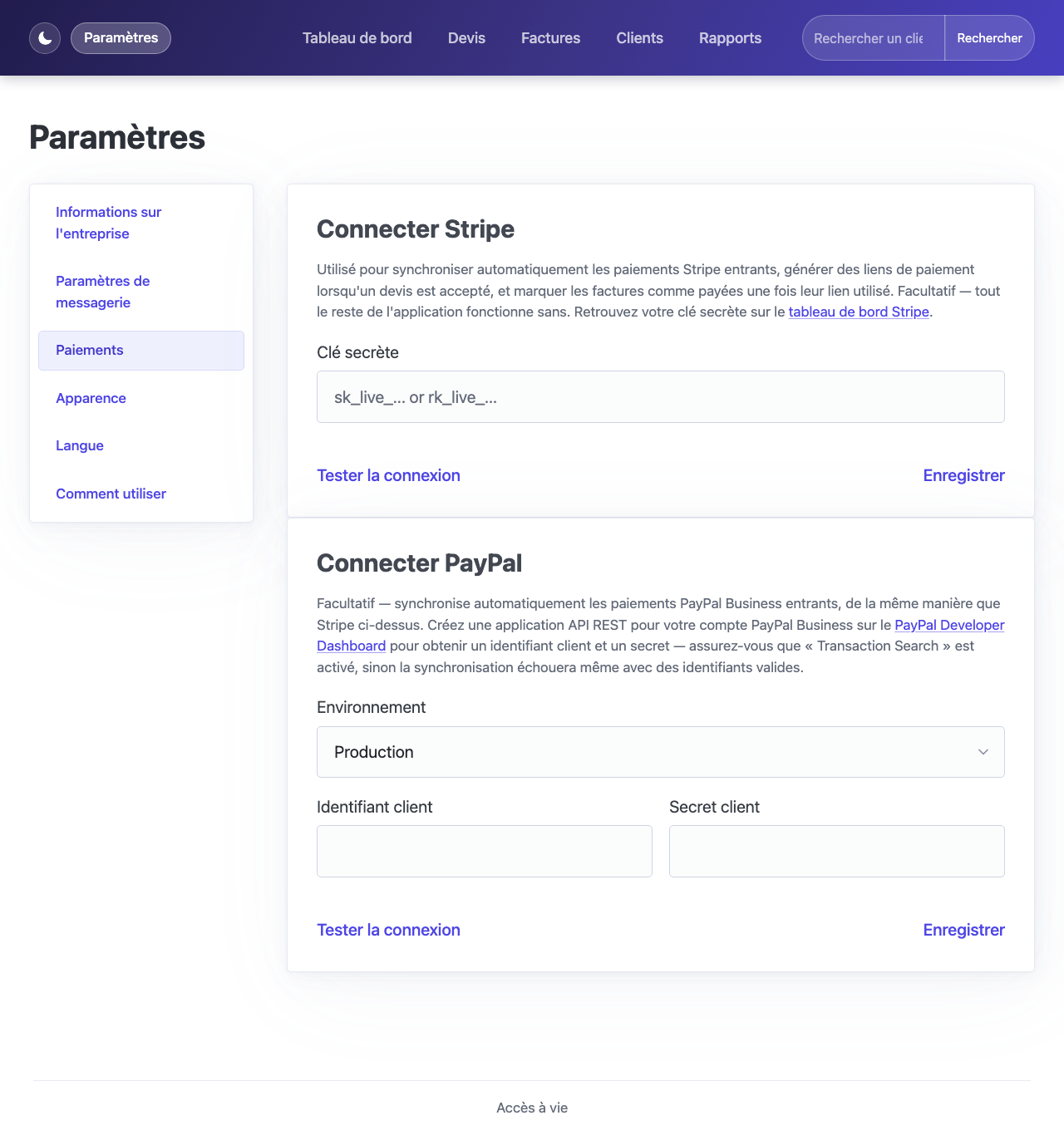 Page des paramètres avec les sections Connecter Stripe et Connecter PayPal