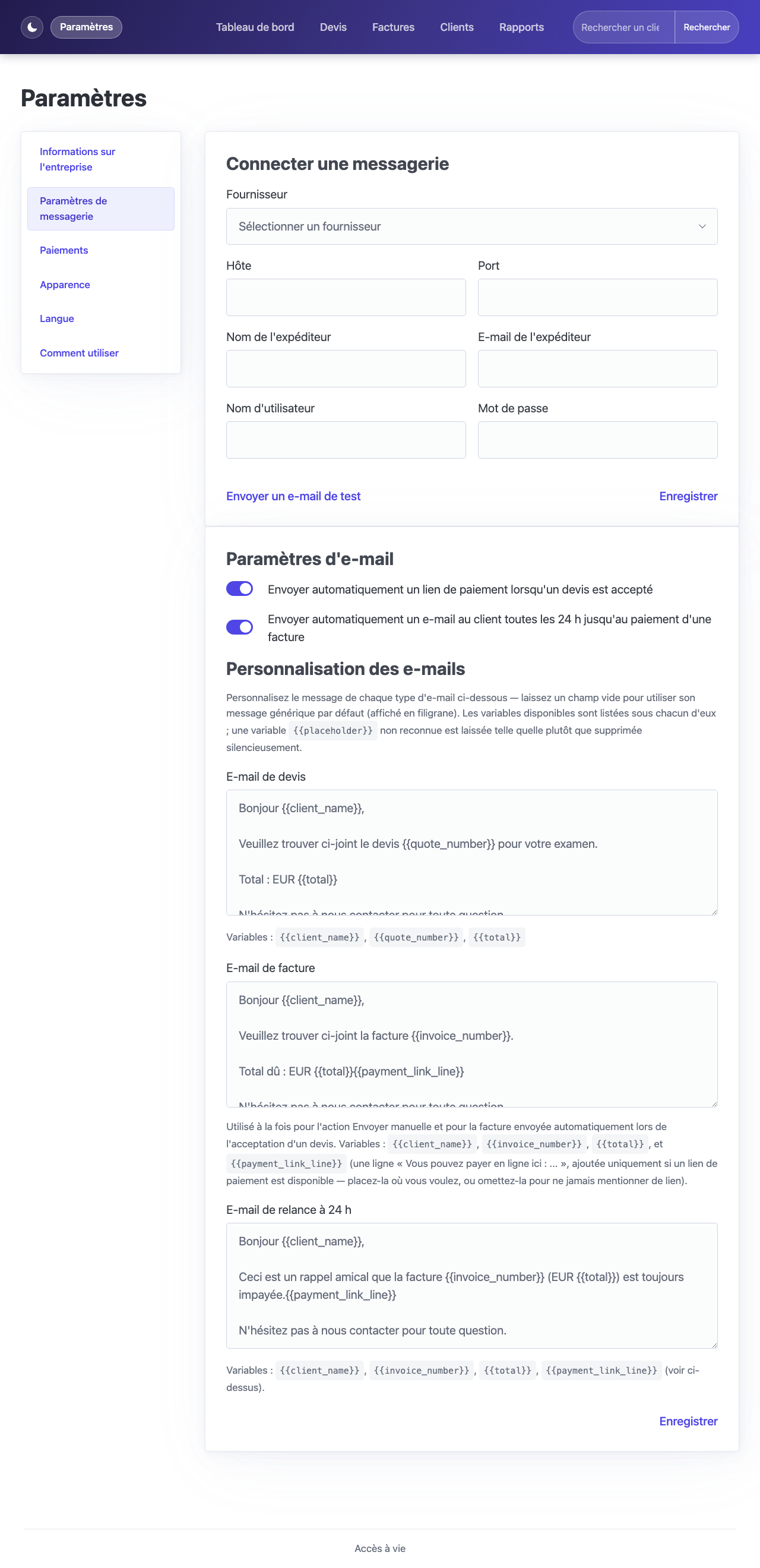 Page des paramètres avec les champs de connexion SMTP