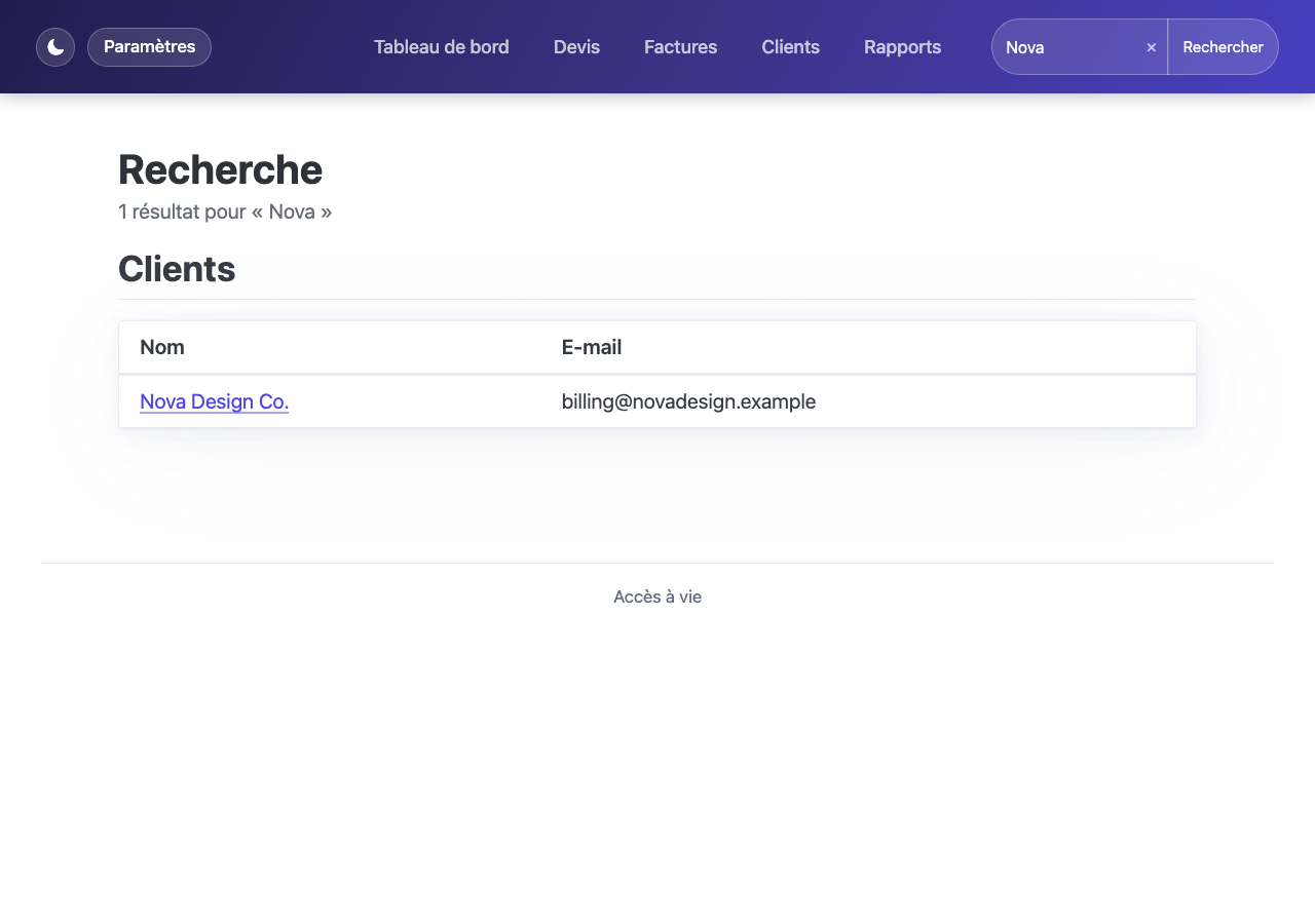 Page de résultats de recherche montrant des correspondances parmi les clients, factures et devis