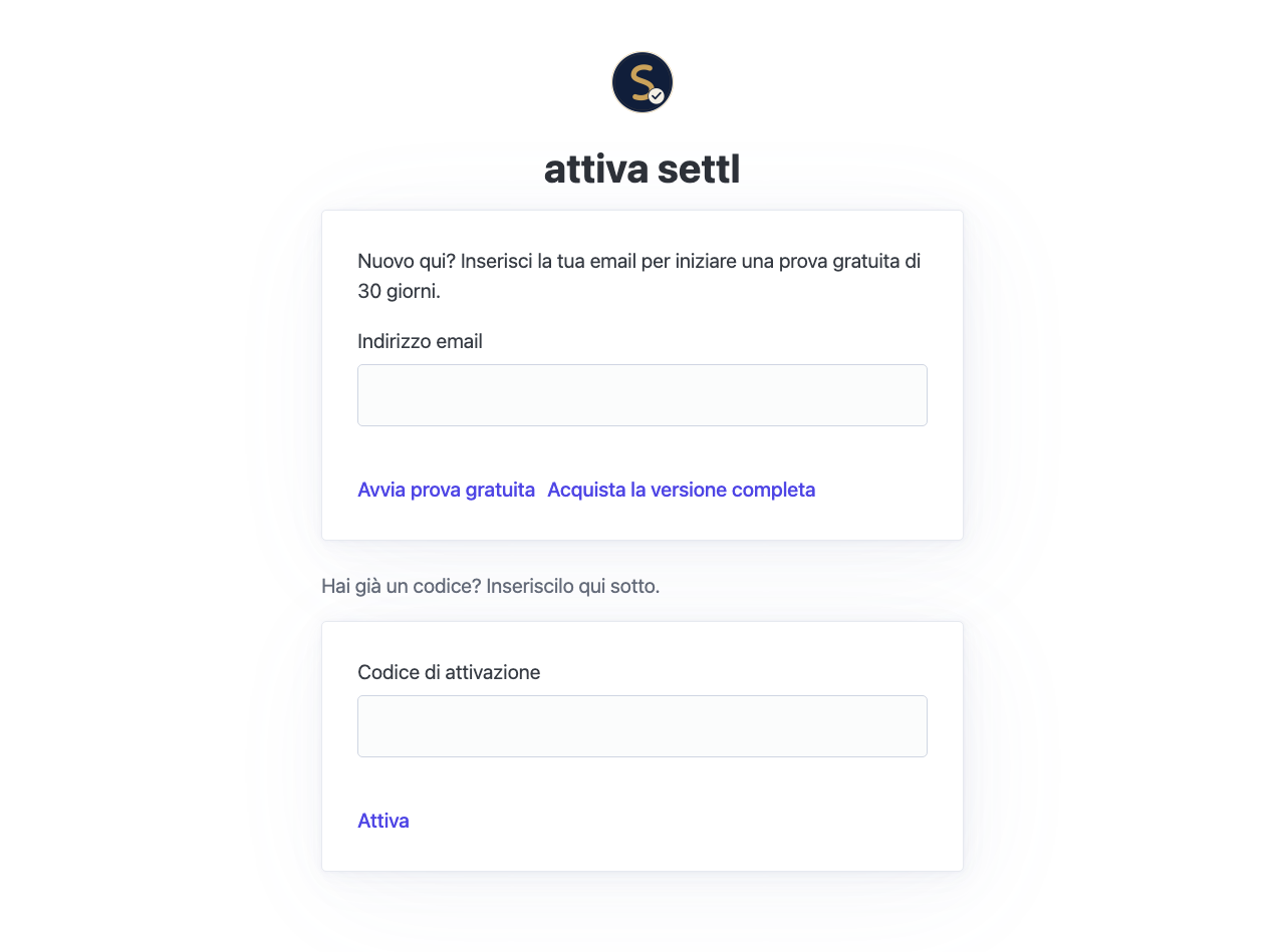 Schermata di attivazione di settl, con un campo email per avviare una prova gratuita e un campo per inserire un codice di attivazione