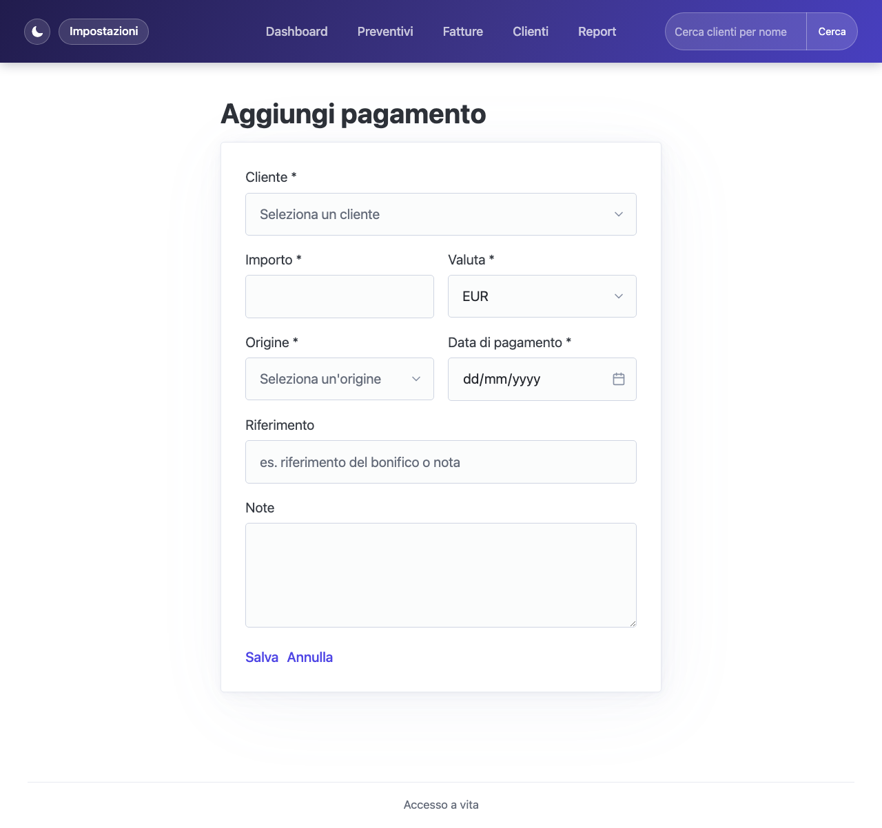 Modulo aggiungi pagamento con campi cliente, importo, valuta, origine e data