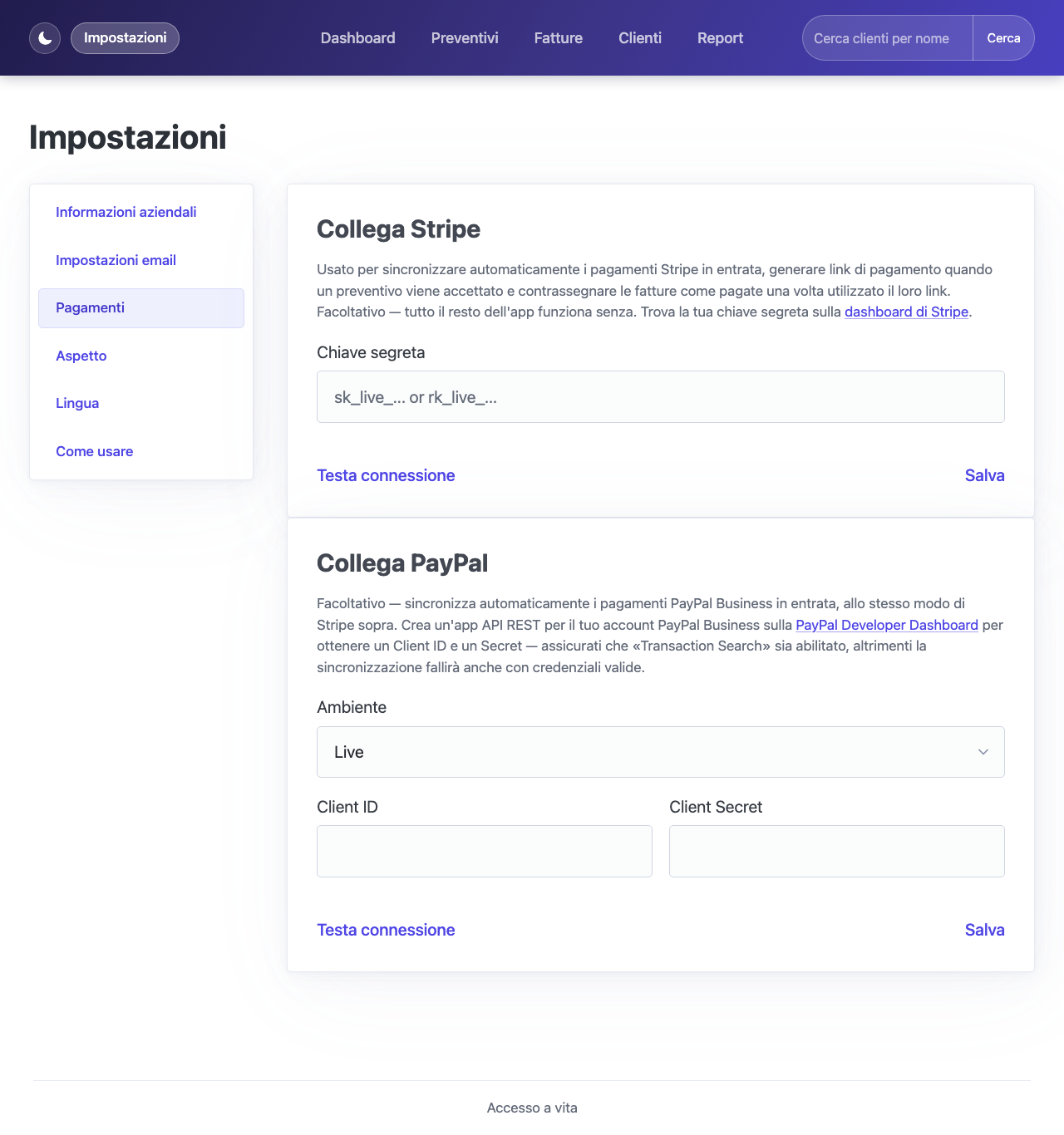 Pagina delle impostazioni con le sezioni Collega Stripe e Collega PayPal