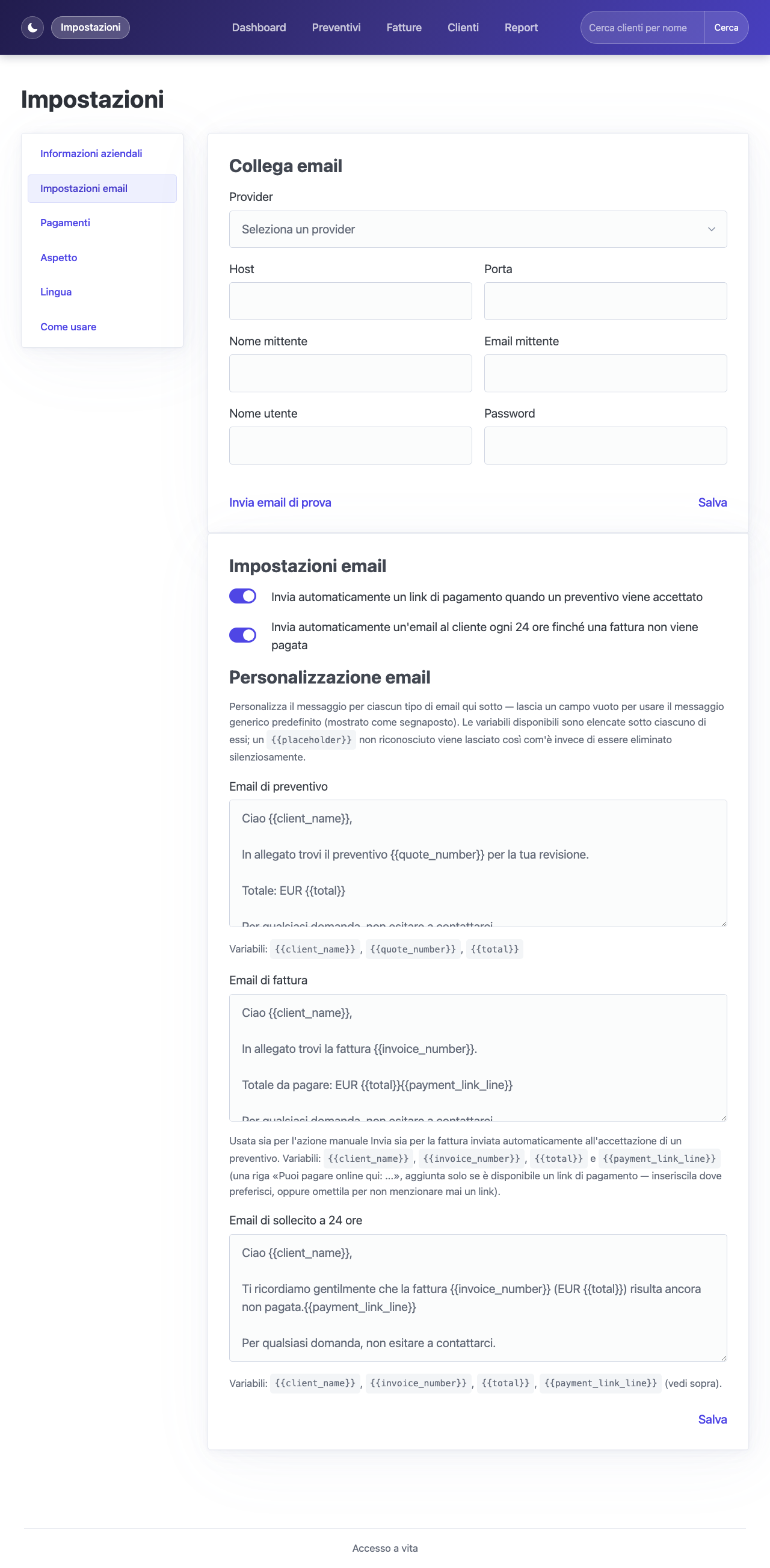 Pagina delle impostazioni con i campi di connessione SMTP